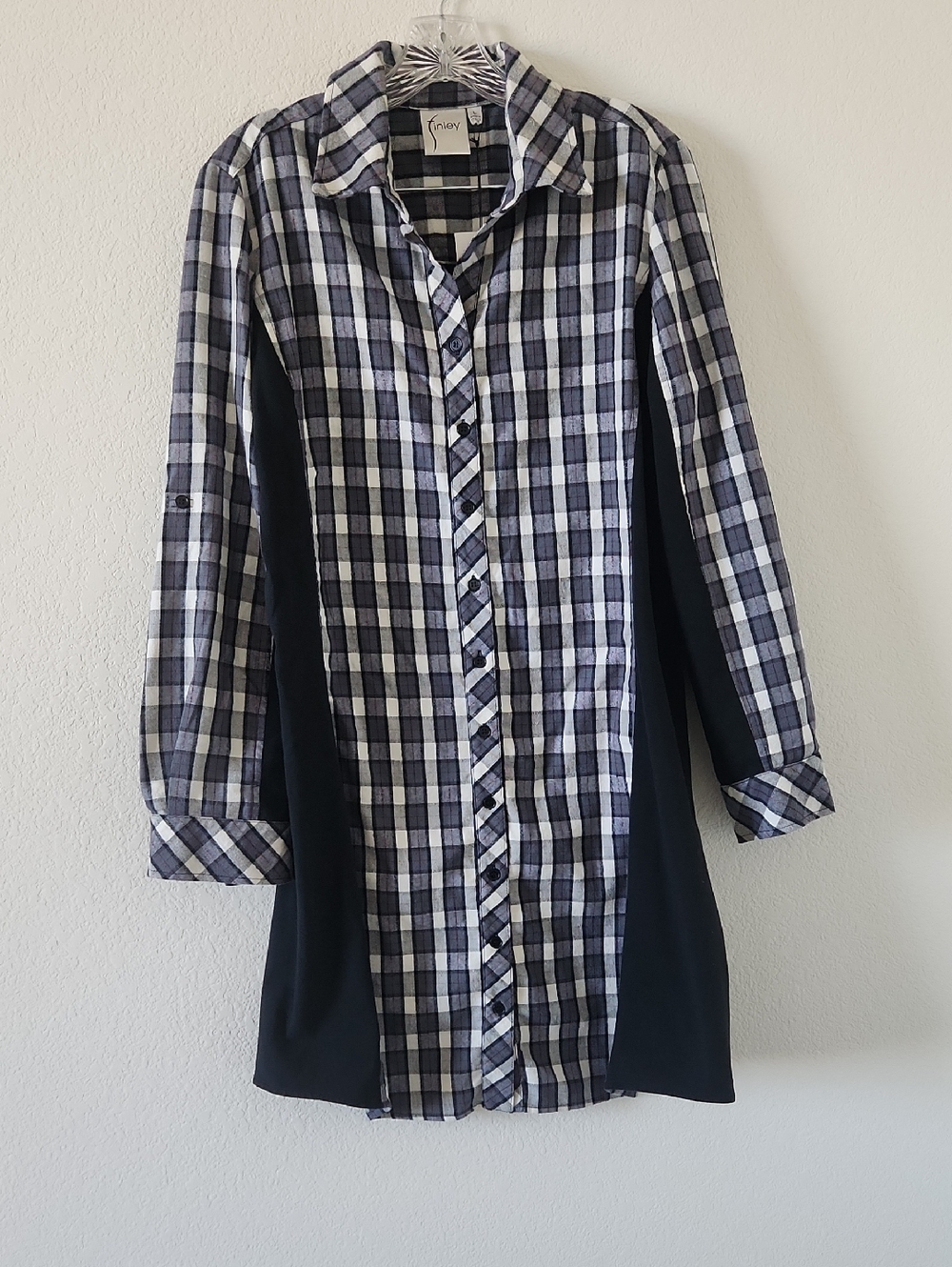 Finley Black and White Plaid Button-Front Midi Dress with Black Side Panels